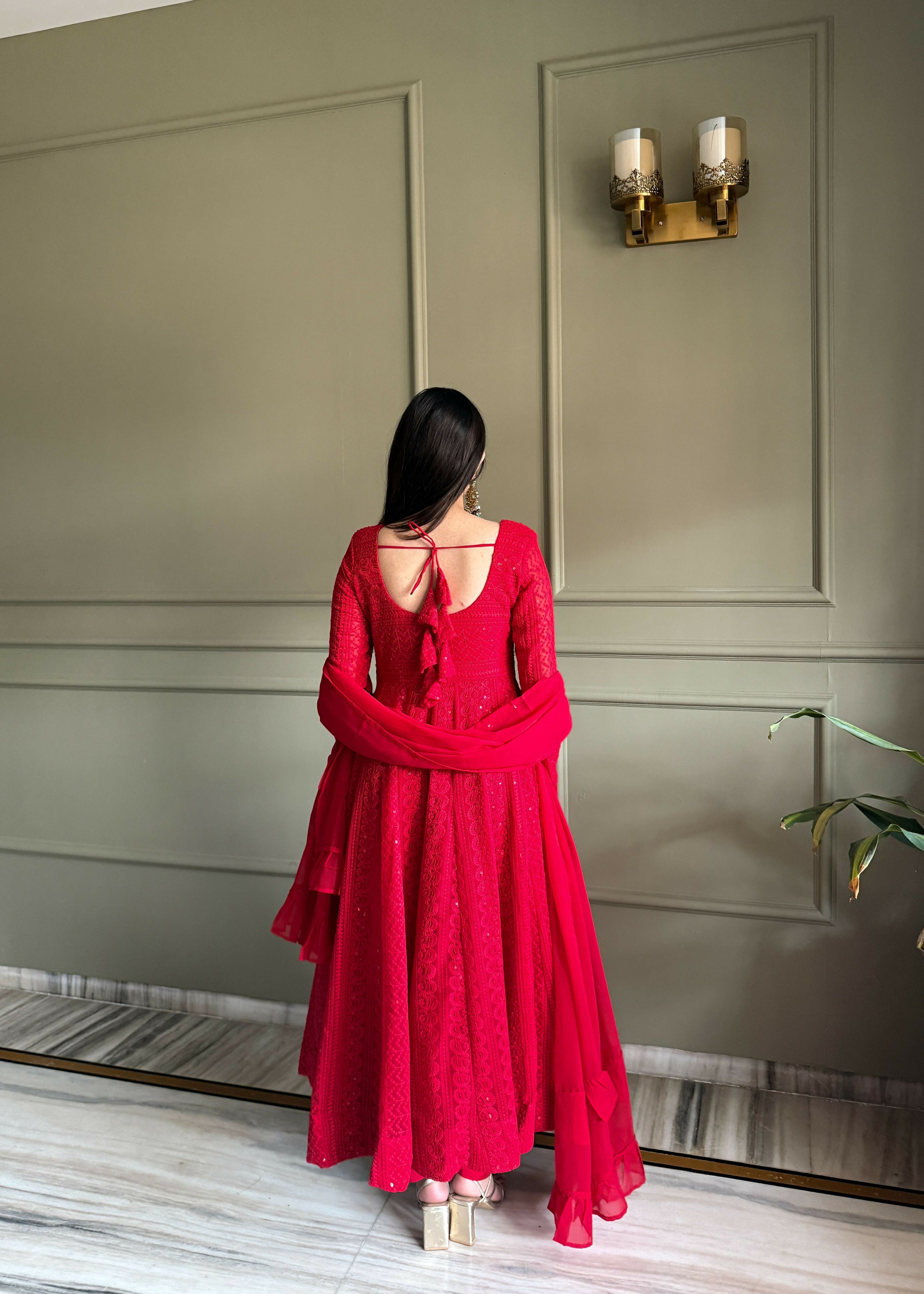 Teeya Creation Red Color Faux Georgette Heavy Embroidery Work Functional Wear Gown