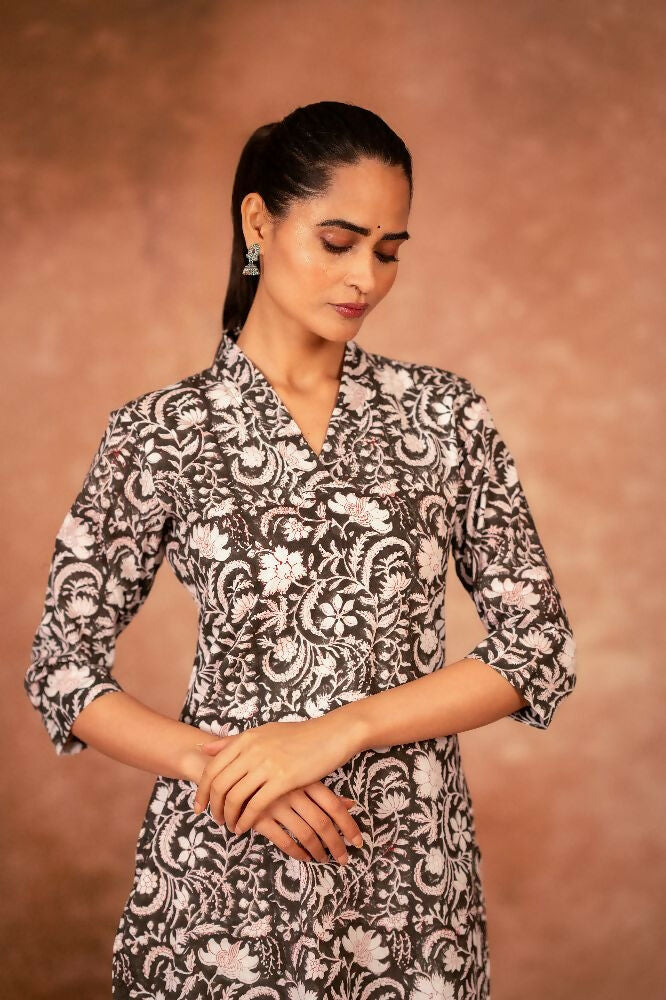 Joban Fashion Black Floral Hand Block Printed Cotton Kurta Pant Set