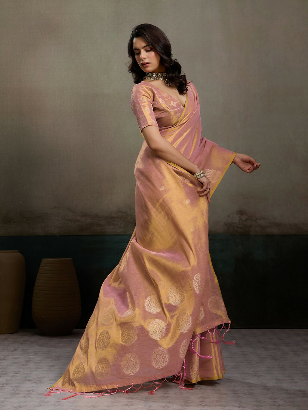 Shree Shyam Fashion Light Pink Tissue Silk Saree