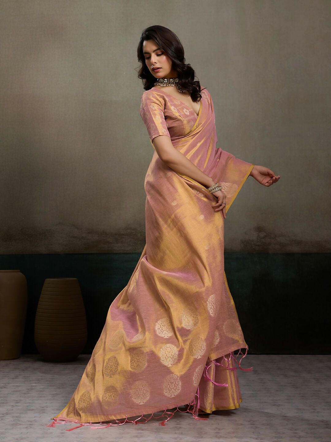 Shree Shyam Fashion Light Pink Tissue Silk Saree