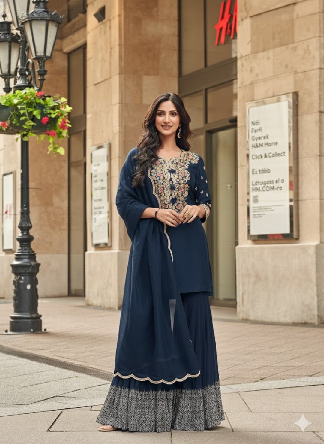 Evanik Women Navy Blue Floral Embroidered Kurta Sharara Dupatta Set