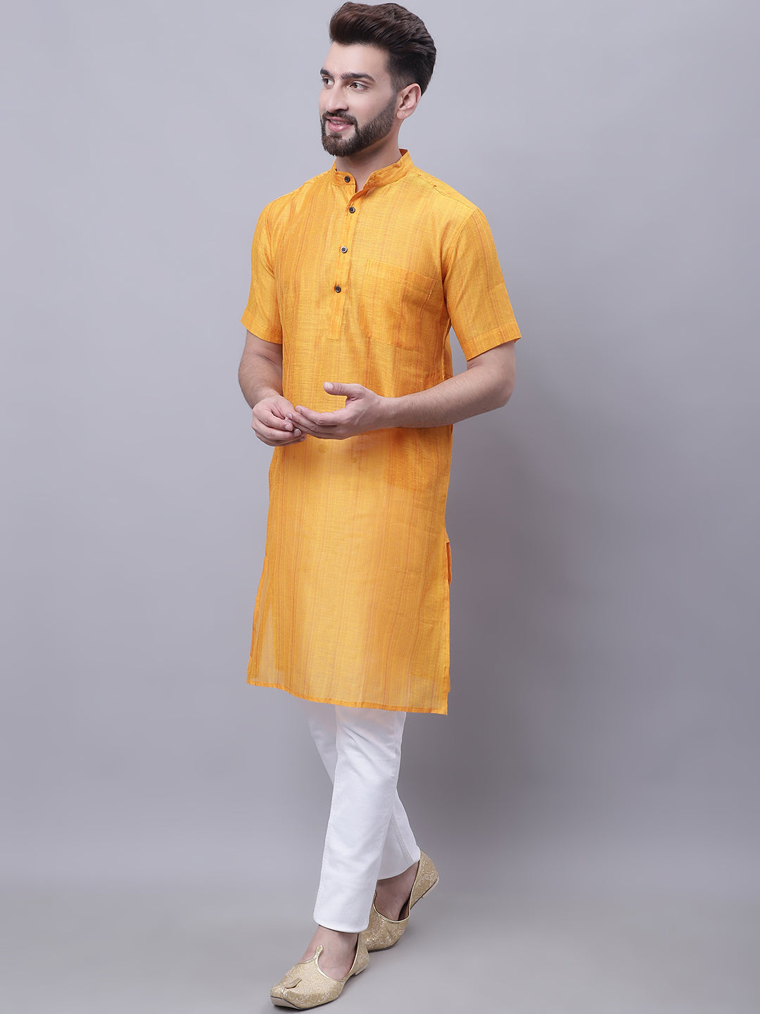Even Apparels Yellow Pure Cotton Short Sleeves Kurta With Band Collar