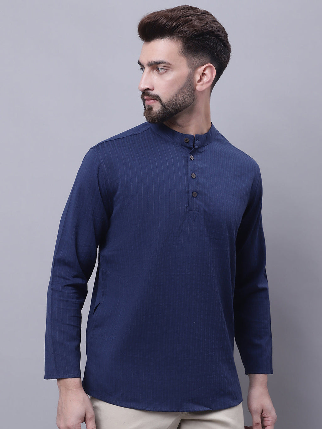 Even Apparels Blue Pure Cotton Short Kurta With Band Collar