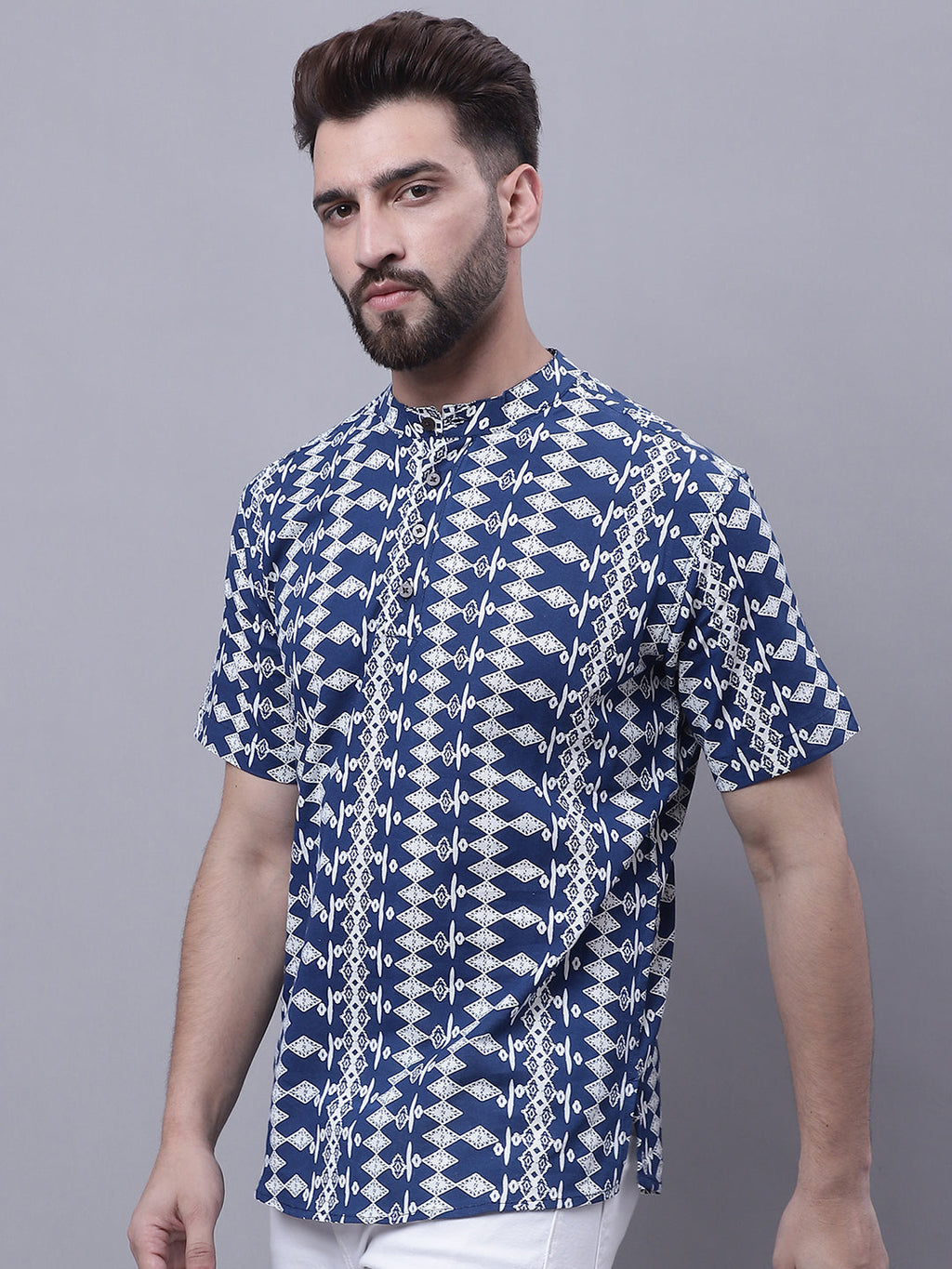 Even Apparels Blue Pure Cotton Short Kurta With Band Collar