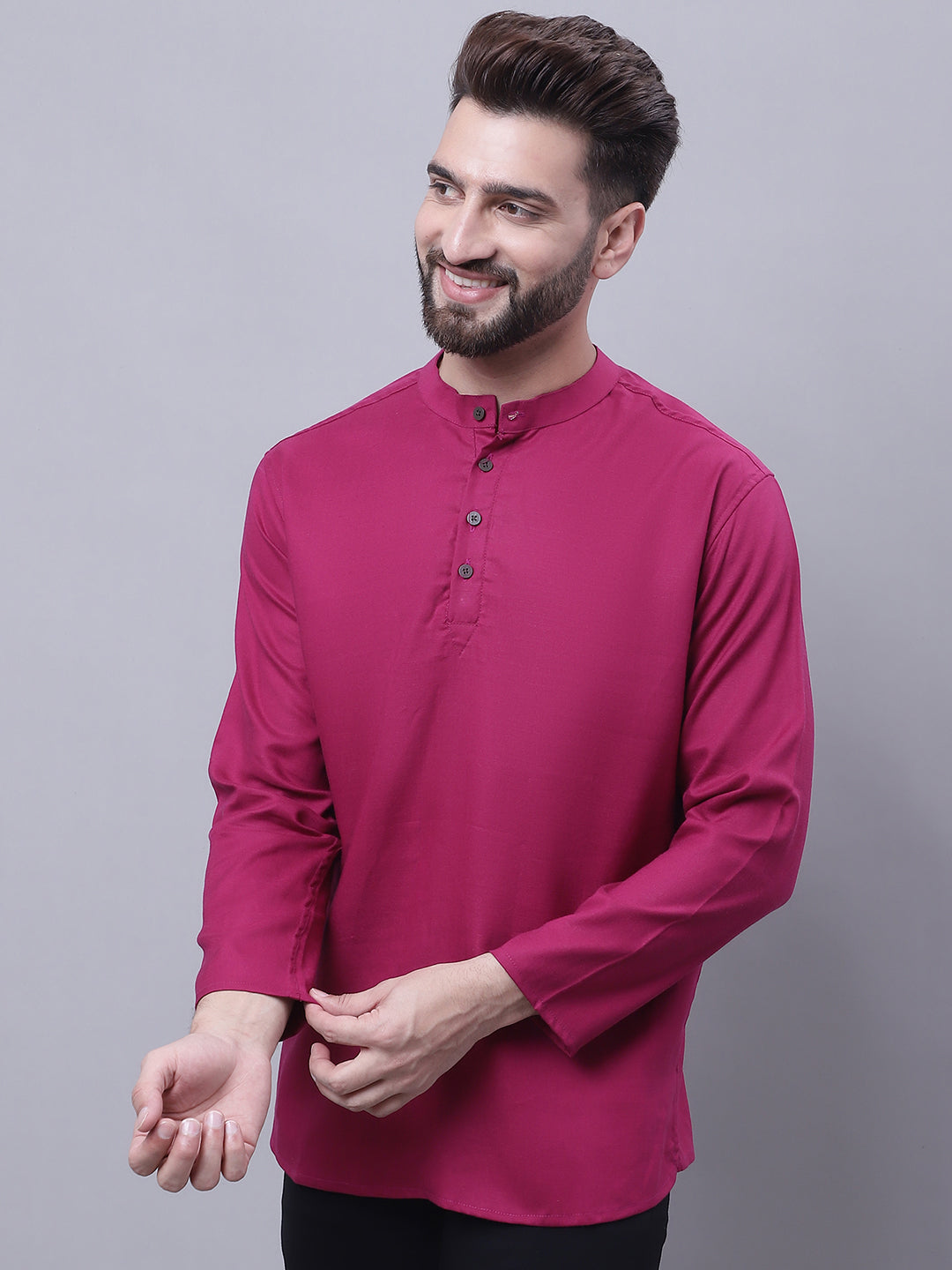 Even Apparels Wine Pure Cotton Short Kurta With Band Collar