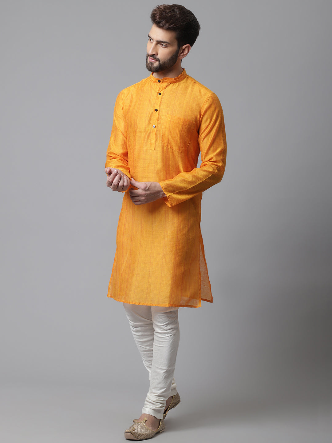 Even Apparels Yellow Check Kurta With Band Collar