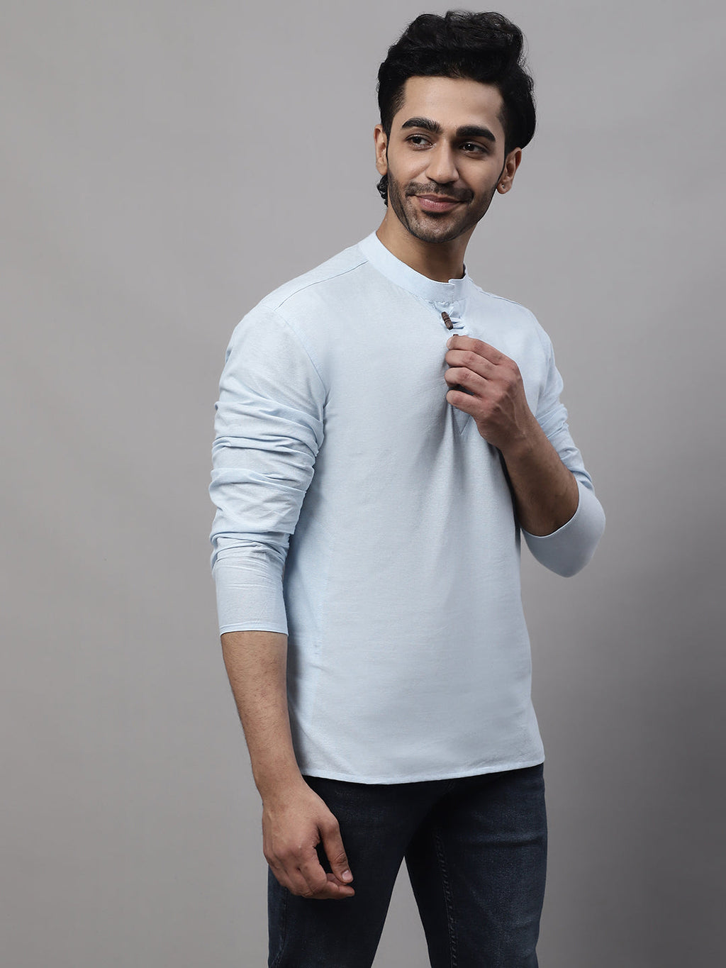 Even Apparels Blue Pure Cotton Kurta With Band Collar