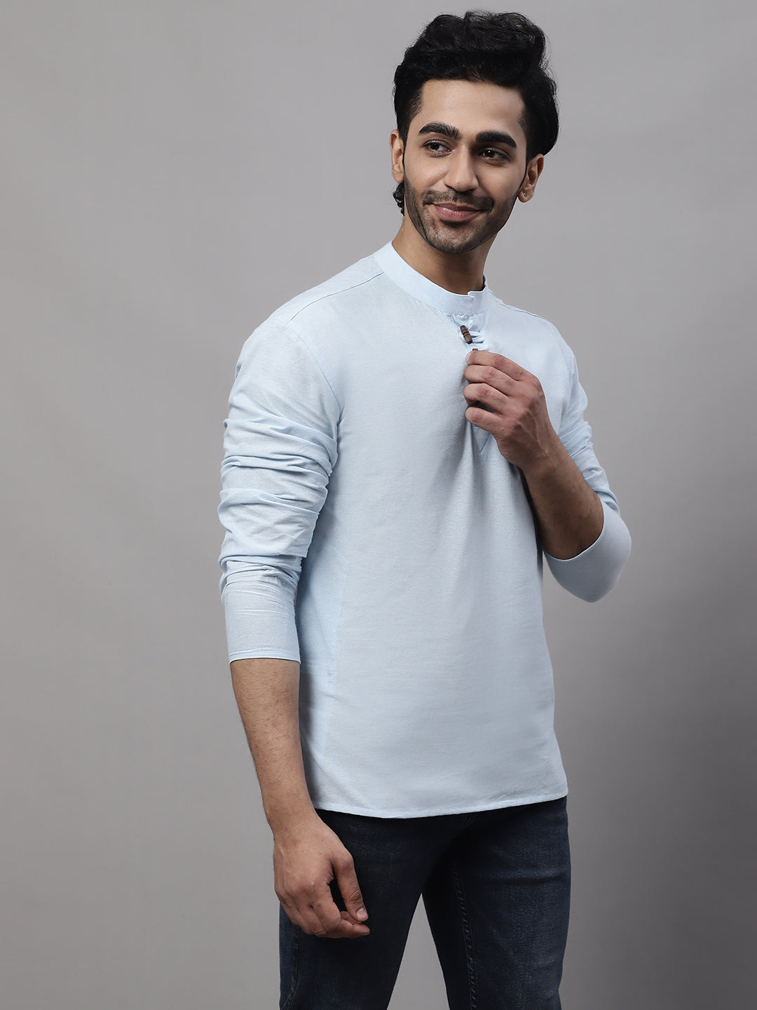 Even Apparels Blue Pure Cotton Kurta With Band Collar