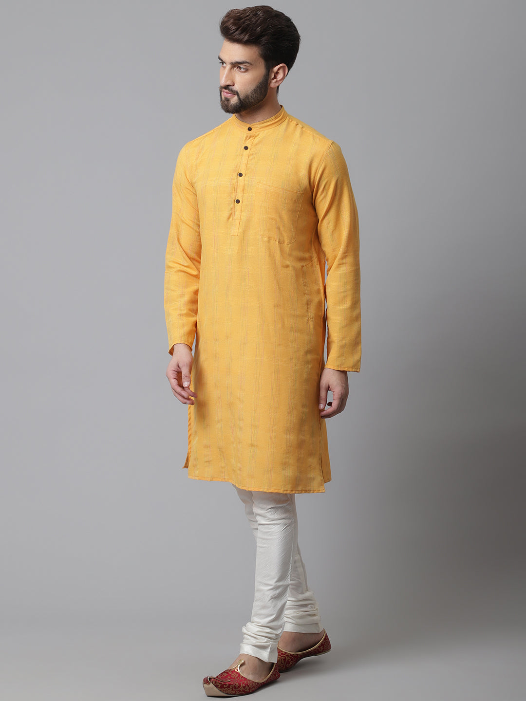 Even Apparels Yellow Kurta With Band Collar