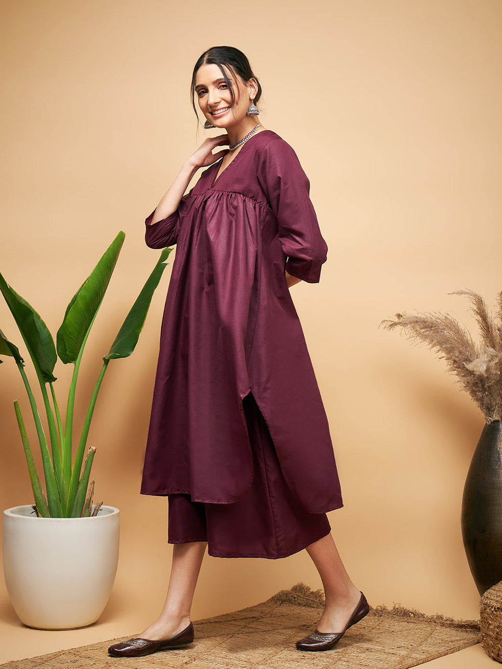 InWeave Women's Wine Solid Flared Kurta Palazzo Set