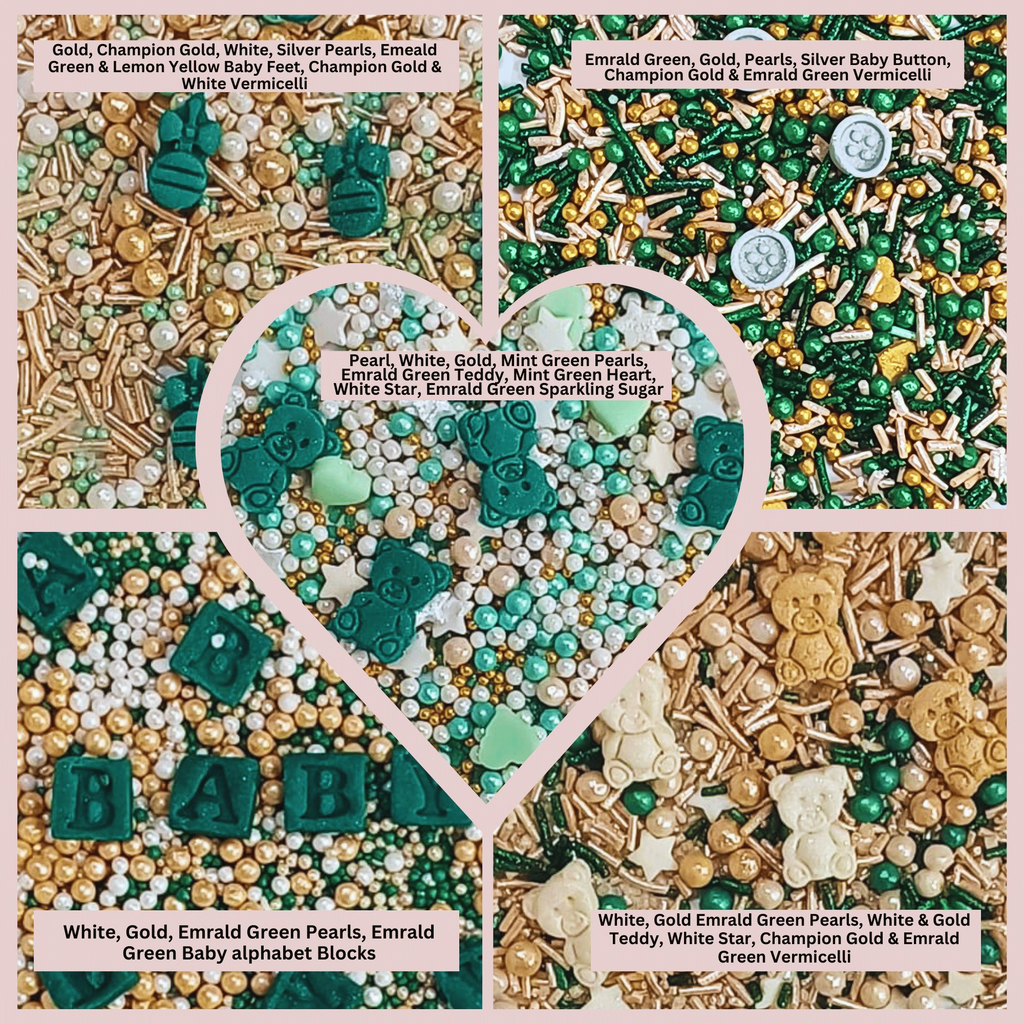 Confect Baby Shower Sprinkles | Gender Reveal Sprinkles | Gold, Silver, Mint Green & Pearl Dragees Pack of 5 (BABY SHOWER -09)