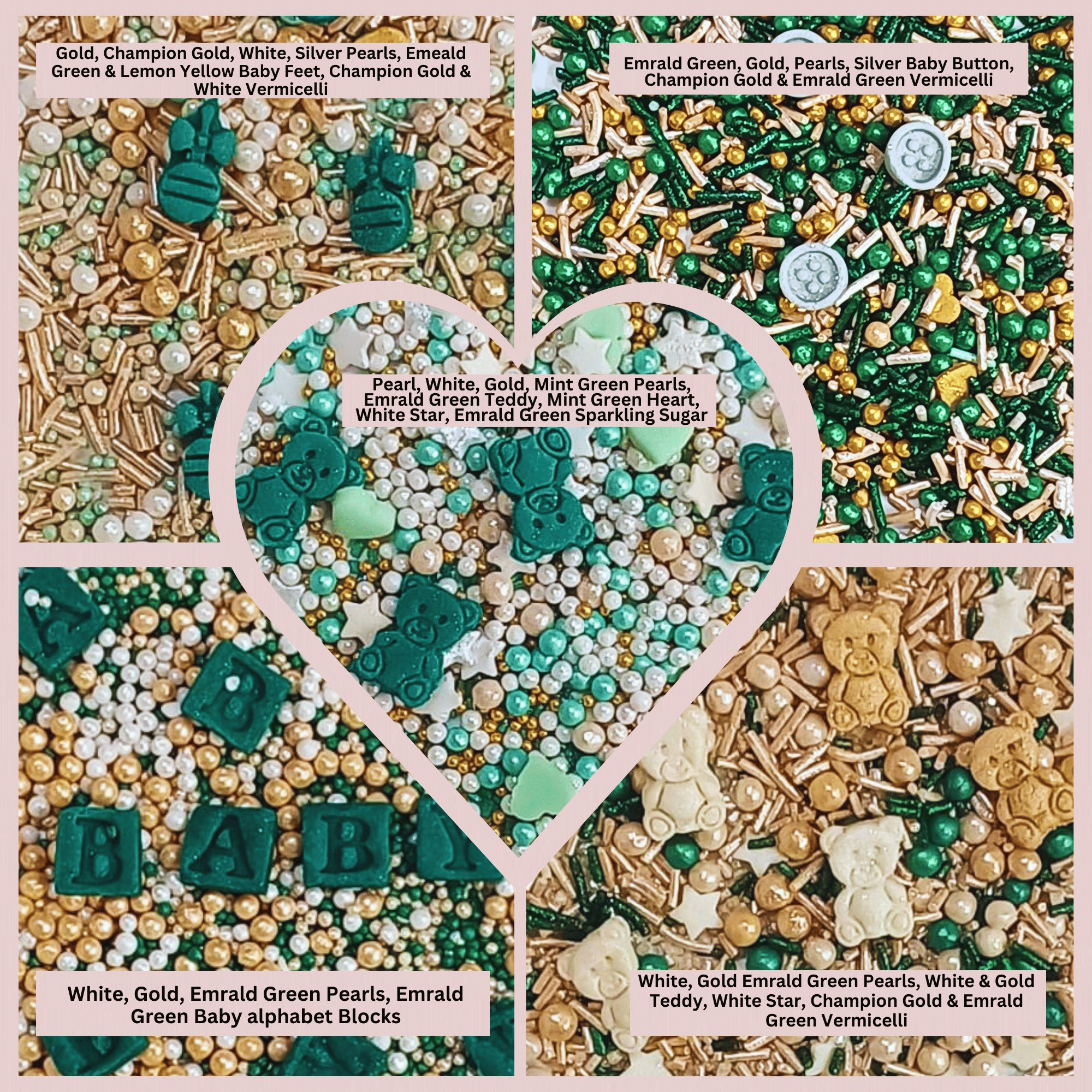 Confect Baby Shower Sprinkles | Gender Reveal Sprinkles | Gold, Silver, Mint Green & Pearl Dragees Pack of 5 (BABY SHOWER -09)
