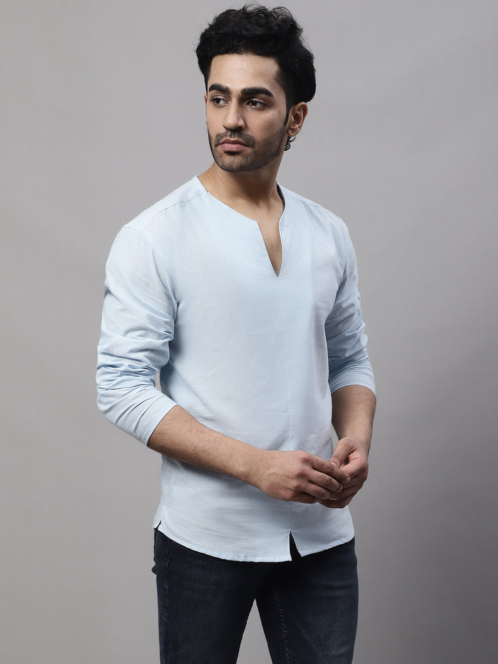 Even Apparels Blue Pure Cotton Open Neck Kurta