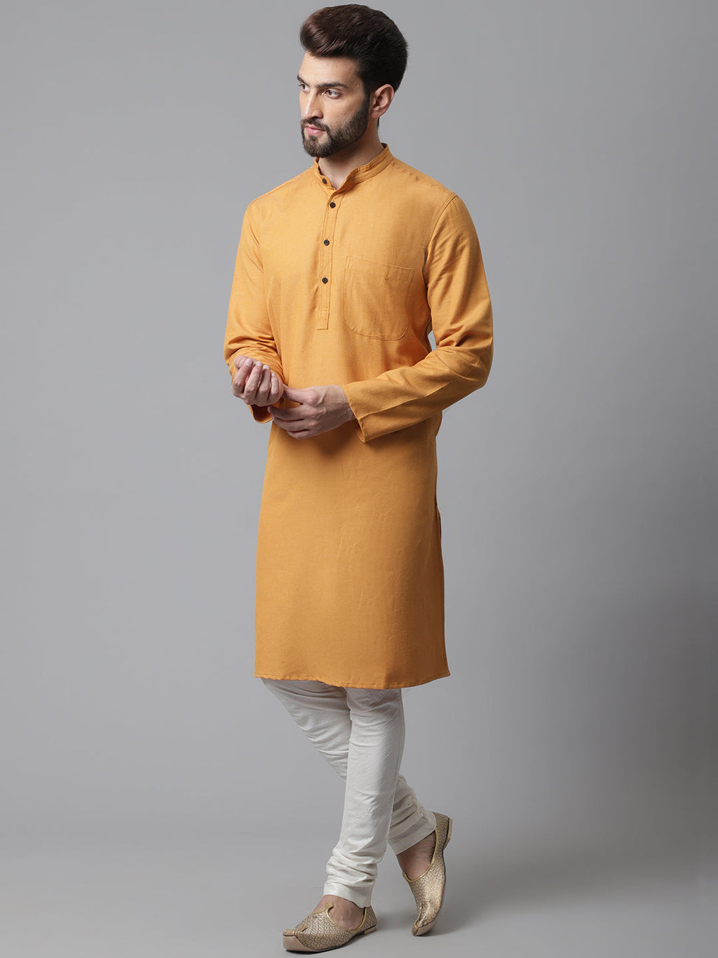 Even Apparels Yellow Solid Kurta With Band Collar