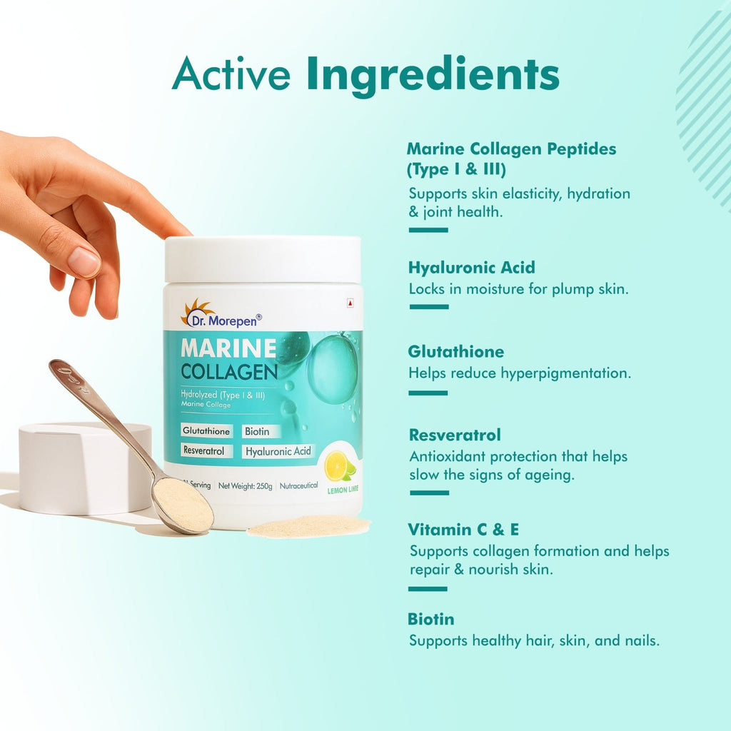 Dr. Morepan Marine Collagen Powder with Glutathione, Hyaluronic Acid, Resveratrol & Biotin Lemon Lime Flavour
