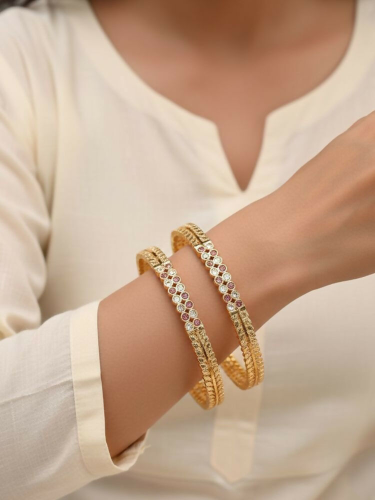 NVR Women Set of 2 Gold Plated CZ Stone Bangle