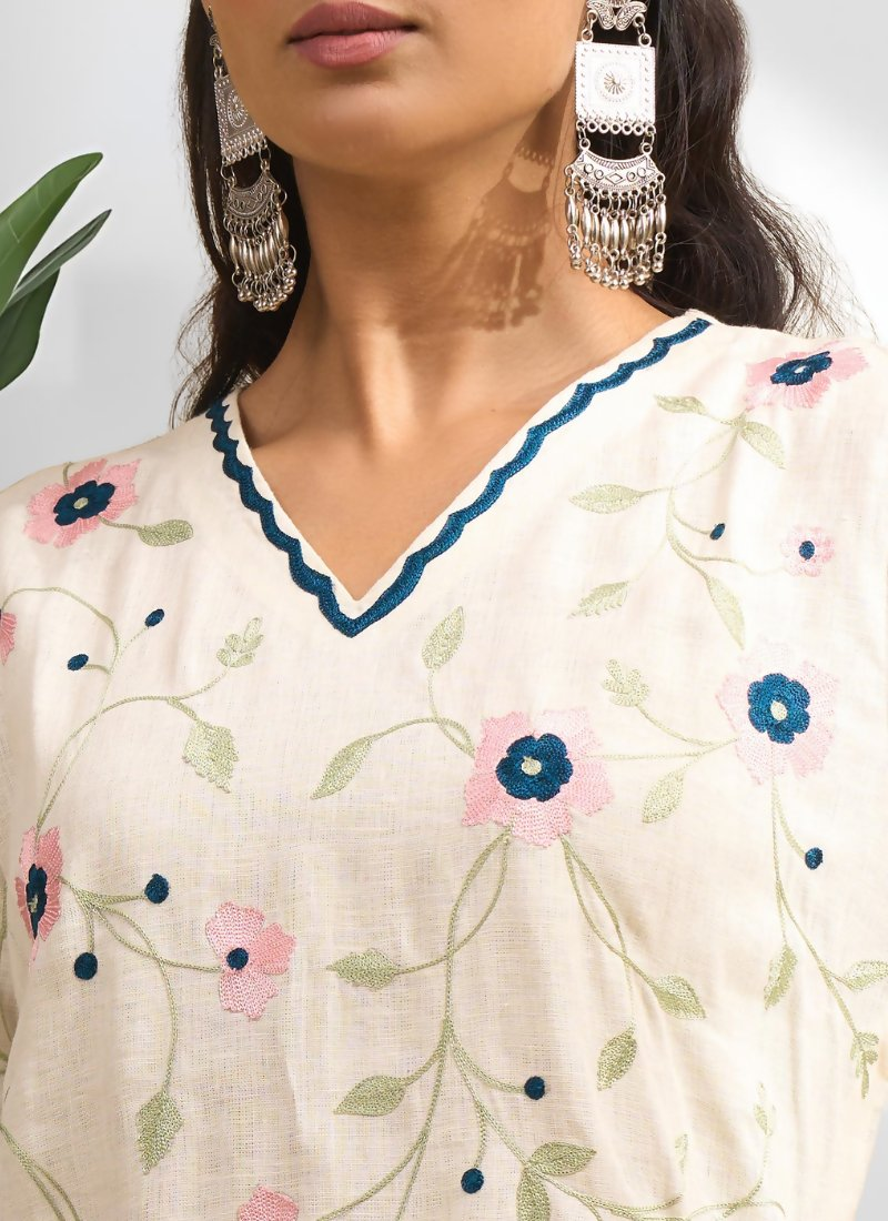 Joban Fashion Cream Linen Embroidered Readymade Long Kurta With Pant