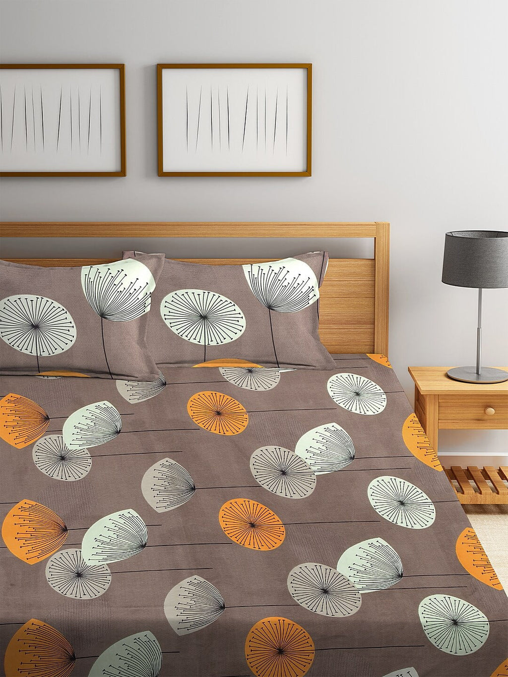 KLOTTHE Brown & Yellow Floral 210 TC Cotton Bedsheet with Pillow Cover