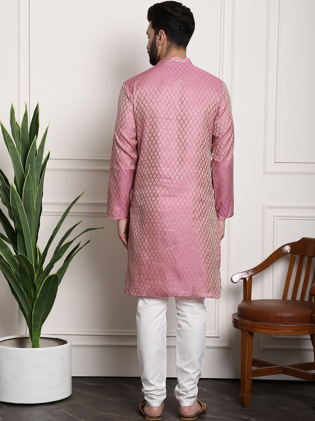 Sojanya Men Pink & Off-White Woven Design Kurta with Churidar