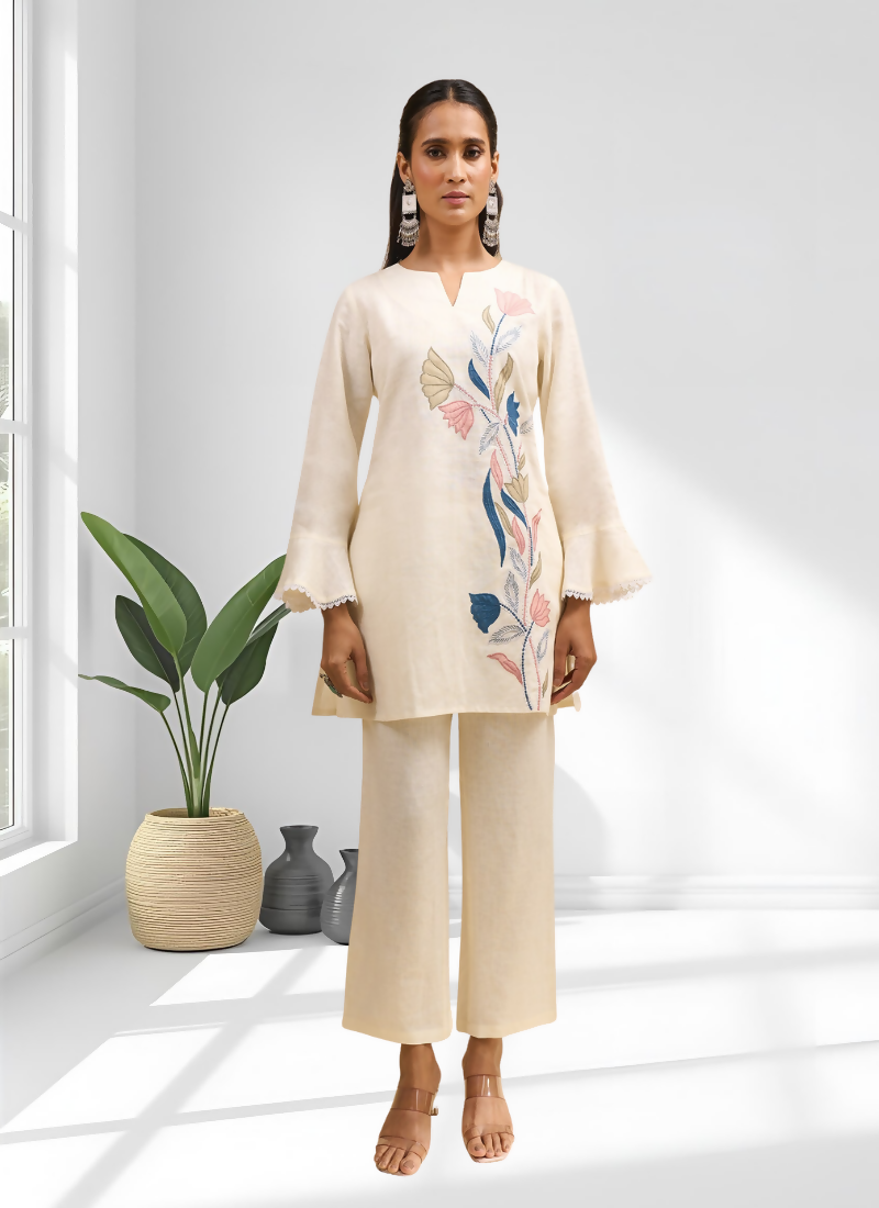 Joban Fashion Cream Linen Embroidered Readymade Cord Set