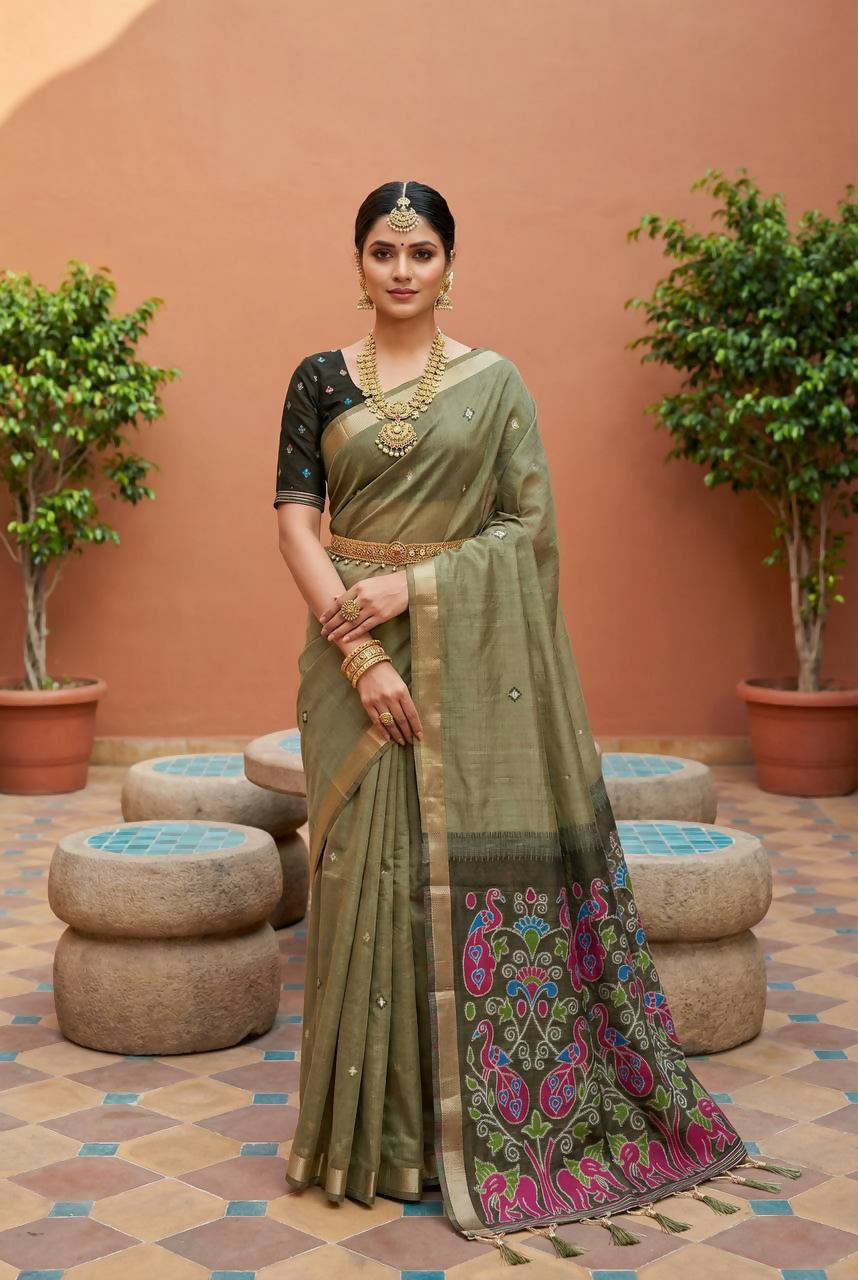 Vastranavya Mehendi Muga Cotton Meenakari & Azarakh Pallu Saree with Contrast Blouse