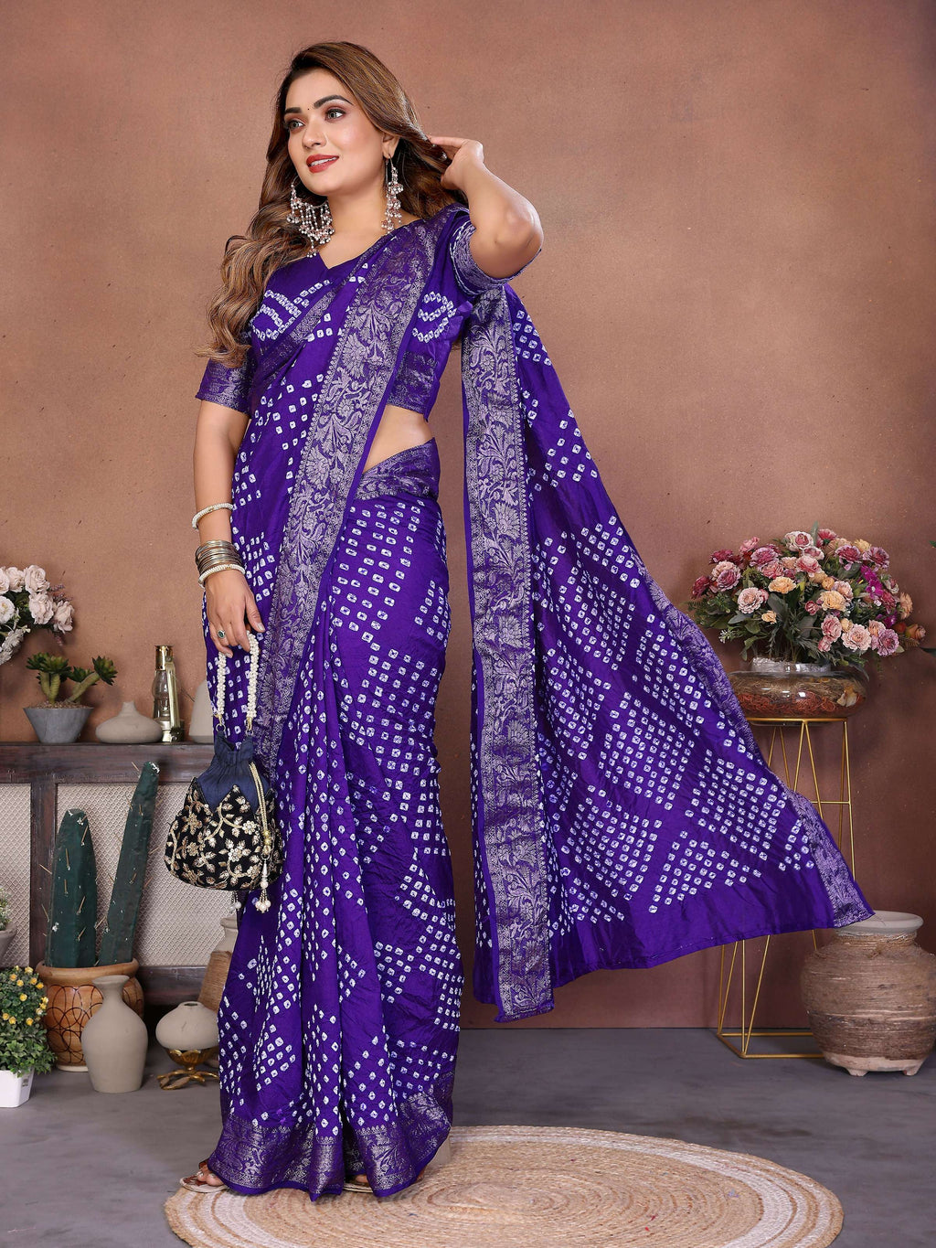 Aastha Fashion Purple Pure Dola Silk Handmade Original Bandhej Saree