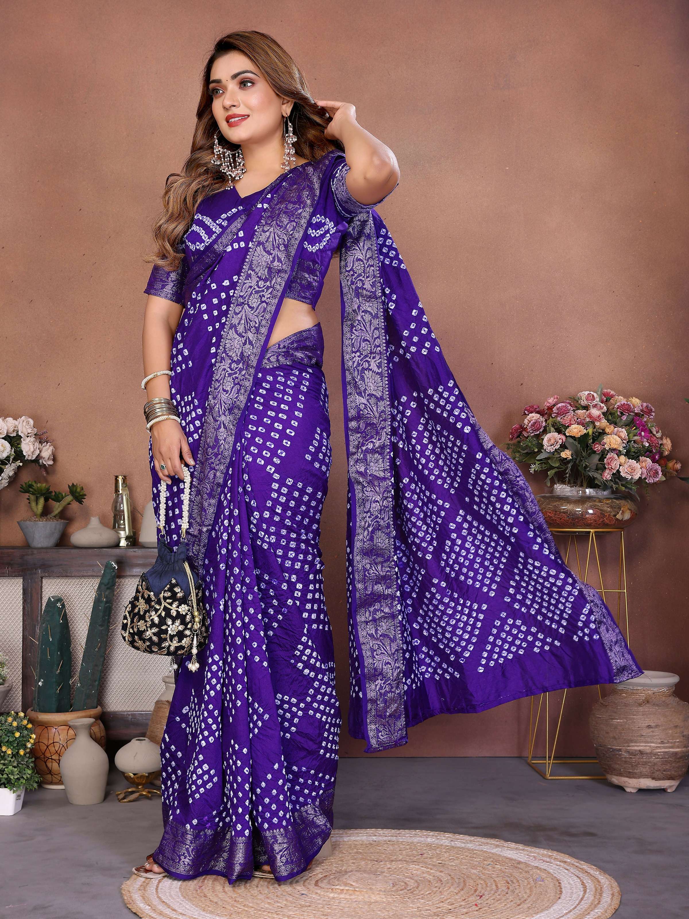 Aastha Fashion Purple Pure Dola Silk Handmade Original Bandhej Saree