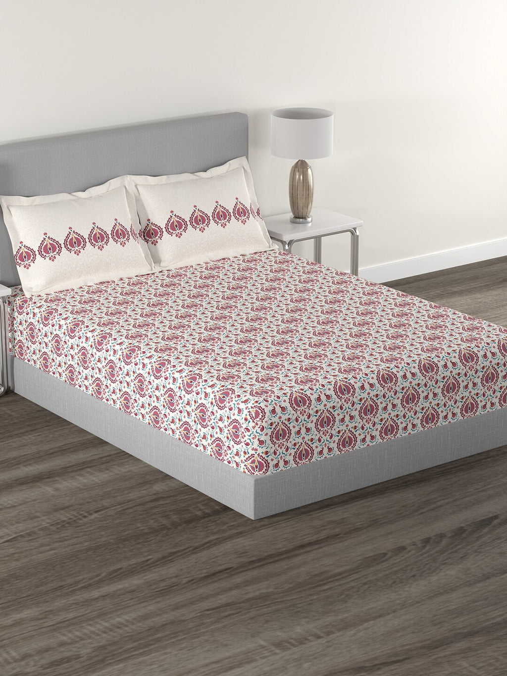 MYTRIDENT White Red Ethnic Motifs 144 TC Cotton Queen Bedsheet With 2 Pillow Covers