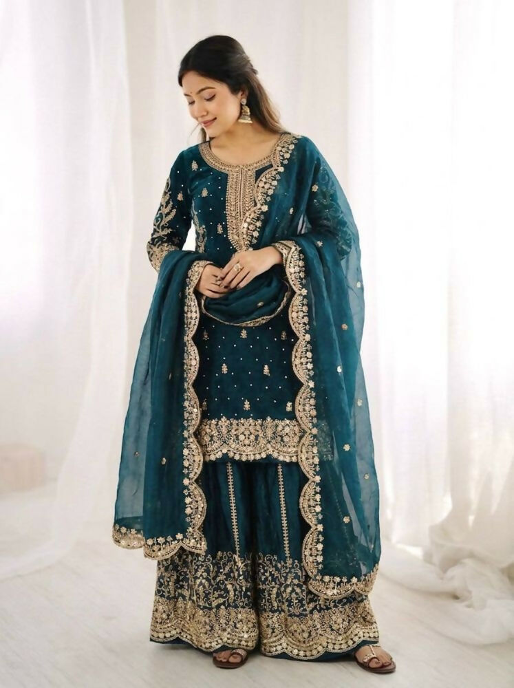Teeya Creation Teal Color Fendy Silk Embroidery Work Wedding Wear Salwar Suit