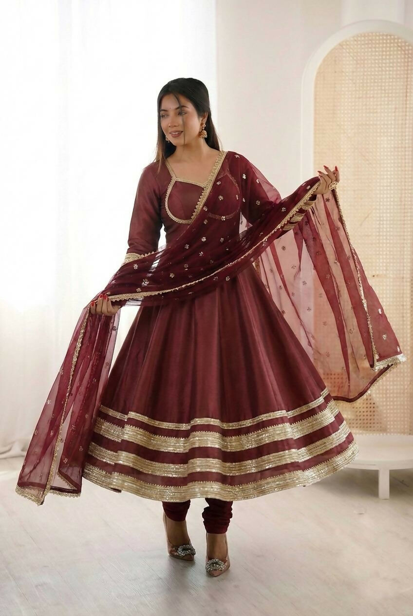 Teeya Creation Maroon Cosmos Gold Lace Work Party Wear Gown