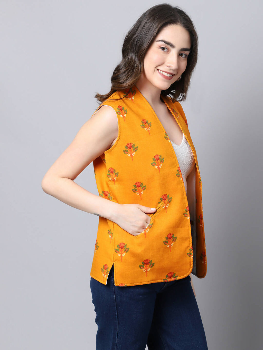 Even Apparels Yellow 100% Viscose Rayon Open Front Gillet (BF009)