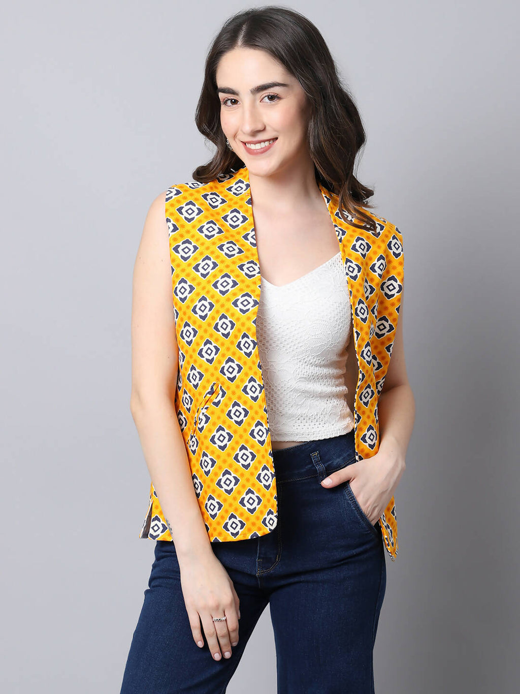 Even Apparels Yellow 100% Viscose Rayon Open Front Gillet