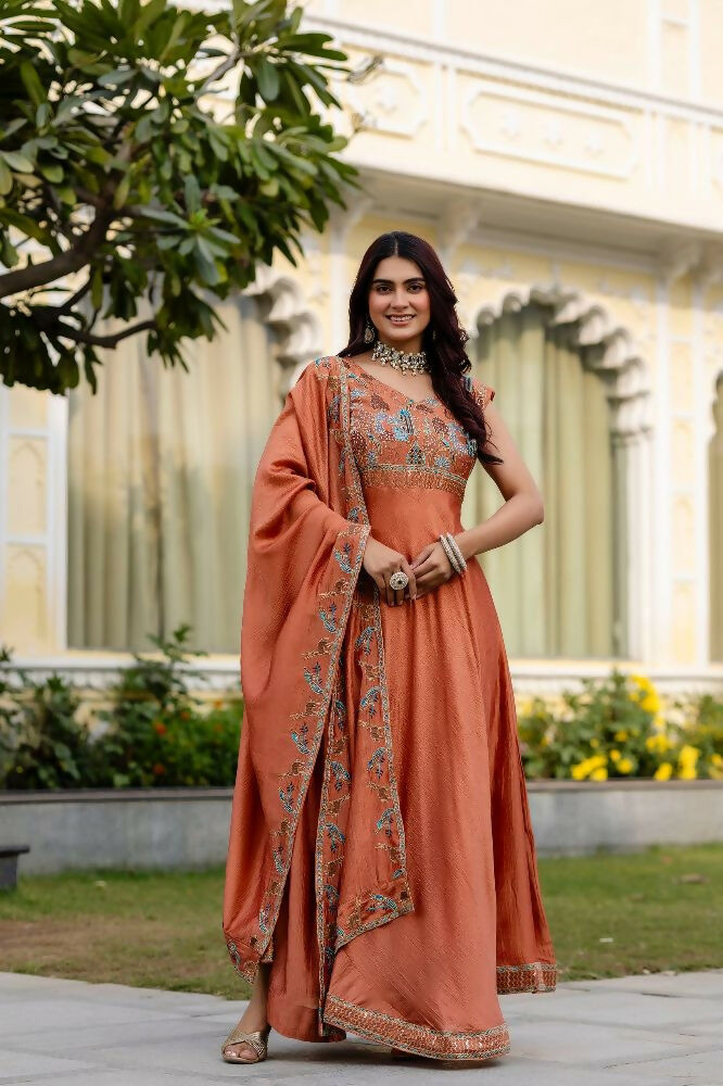 Teeya Creation Orange Color Vichitra Silk Designer Party Wear long Gown
