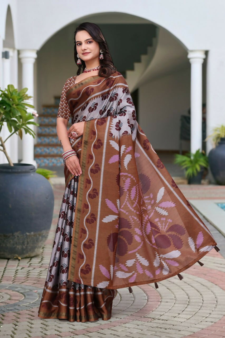 Prime Volt Women's Brown Printed Mal Cotton Saree with Designer Blouse Piece