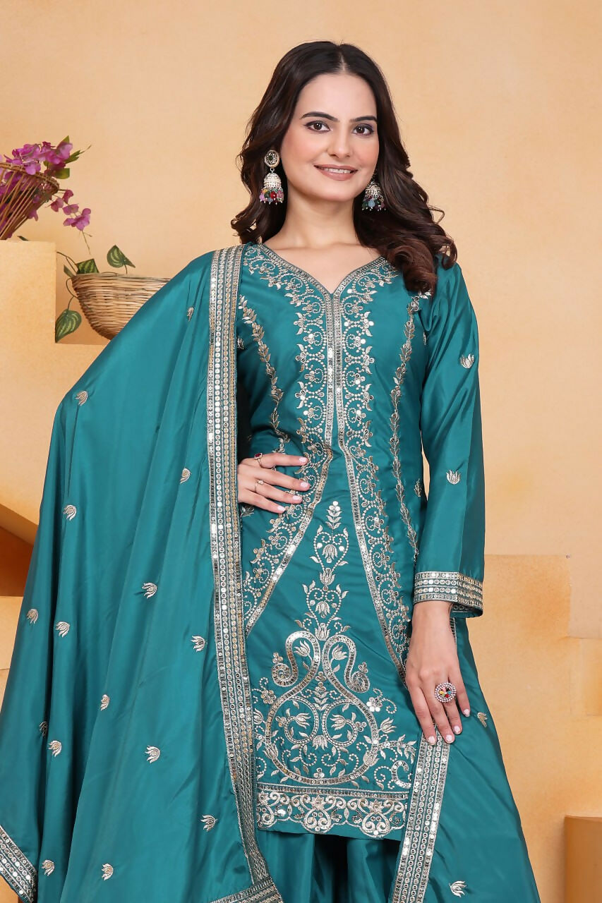 Teeya Creation Teal Color Natural Crepe Silk Wedding Wear Trending Palazzo Set