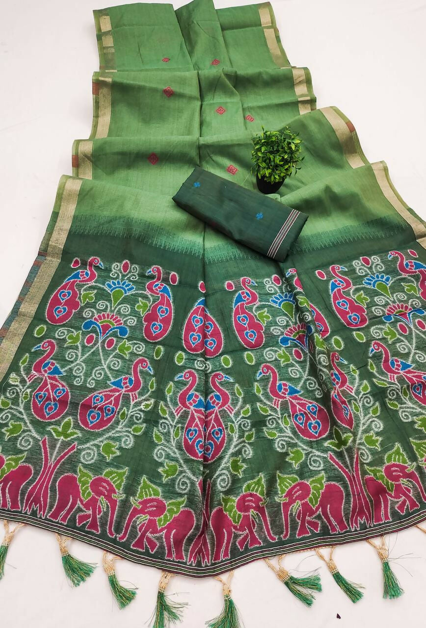Vastranavya Pista Muga Cotton Meenakari & Azarakh Pallu Saree with Contrast Blouse