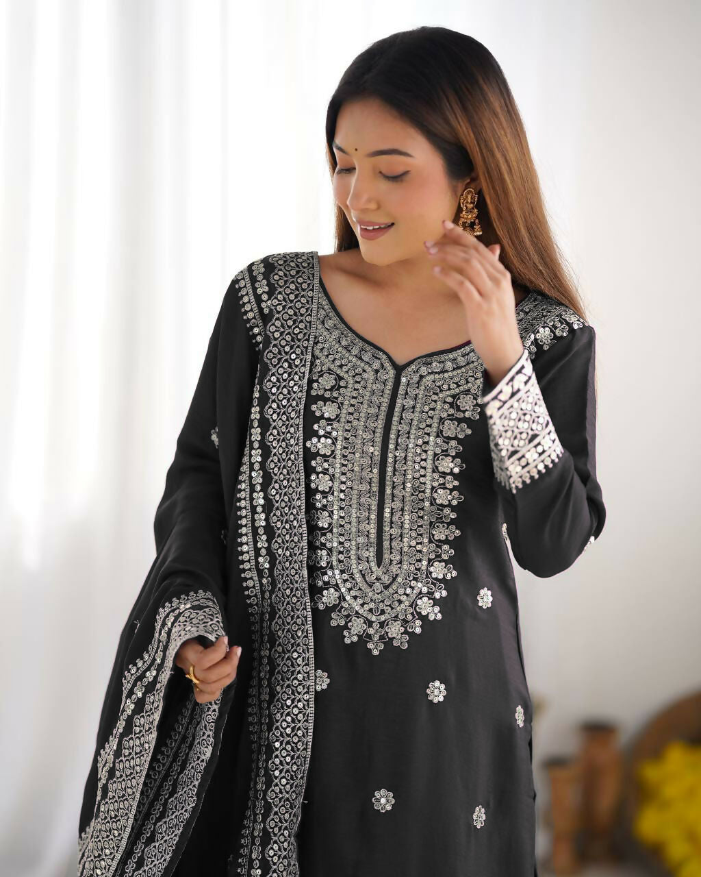 Joban Fashion Black Kurta Set Silk Sequins , Zari, Coding & Thread Embroidered work