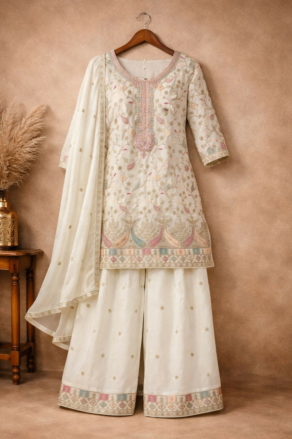 Anaita White Chinon Stitched Plazzo Suit With Embroidery Work