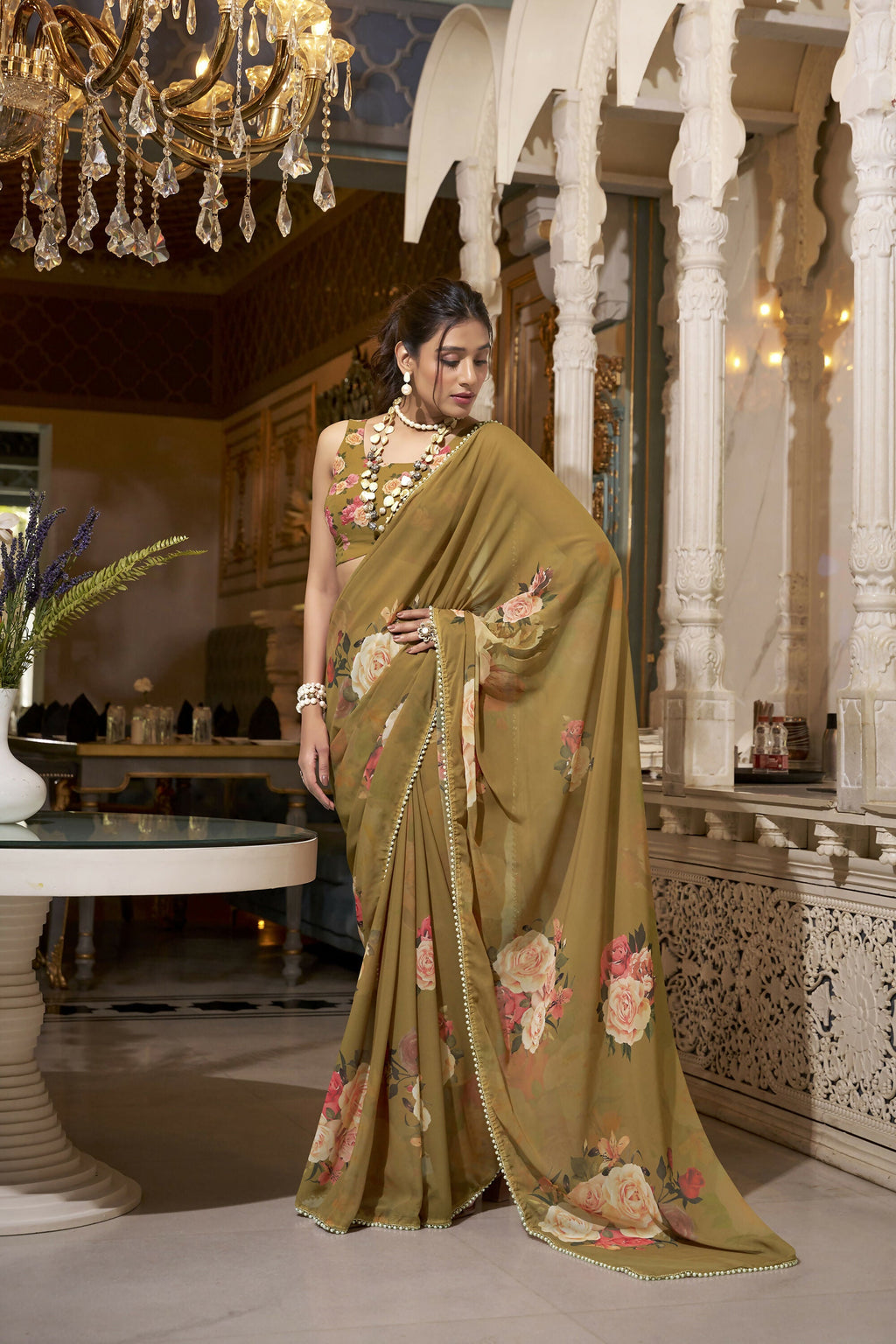 Vastranavya Brown Spectacular Georgette Printed with Pearl Lace Saree with Unstitched Blouse