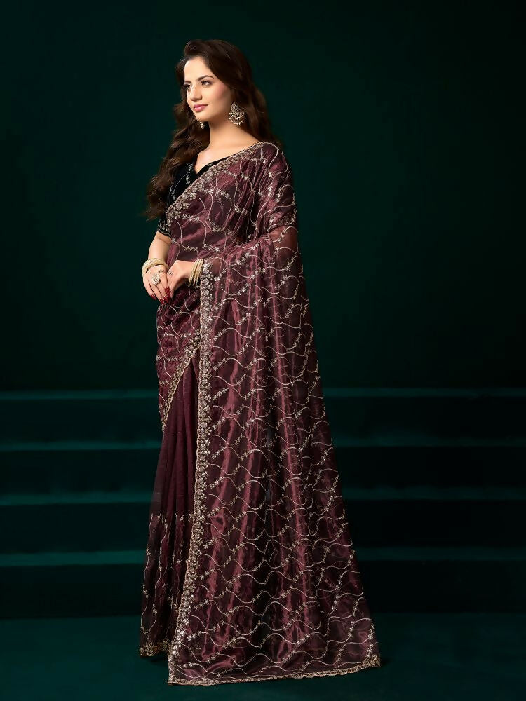 Joban Fashion Maroon Net Party Wear Sarees