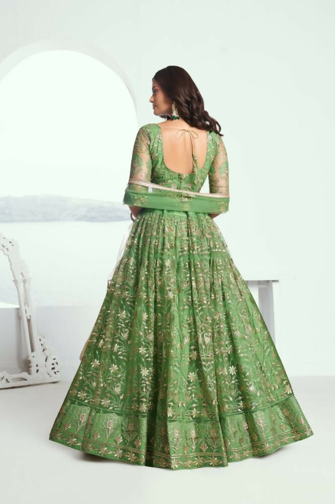 Aastha Fashion Pista Green Butterfly Net Tone To Tone Cotton Thread Work And Sequence Work Embroidery Wedding Wear Lehenga Choli