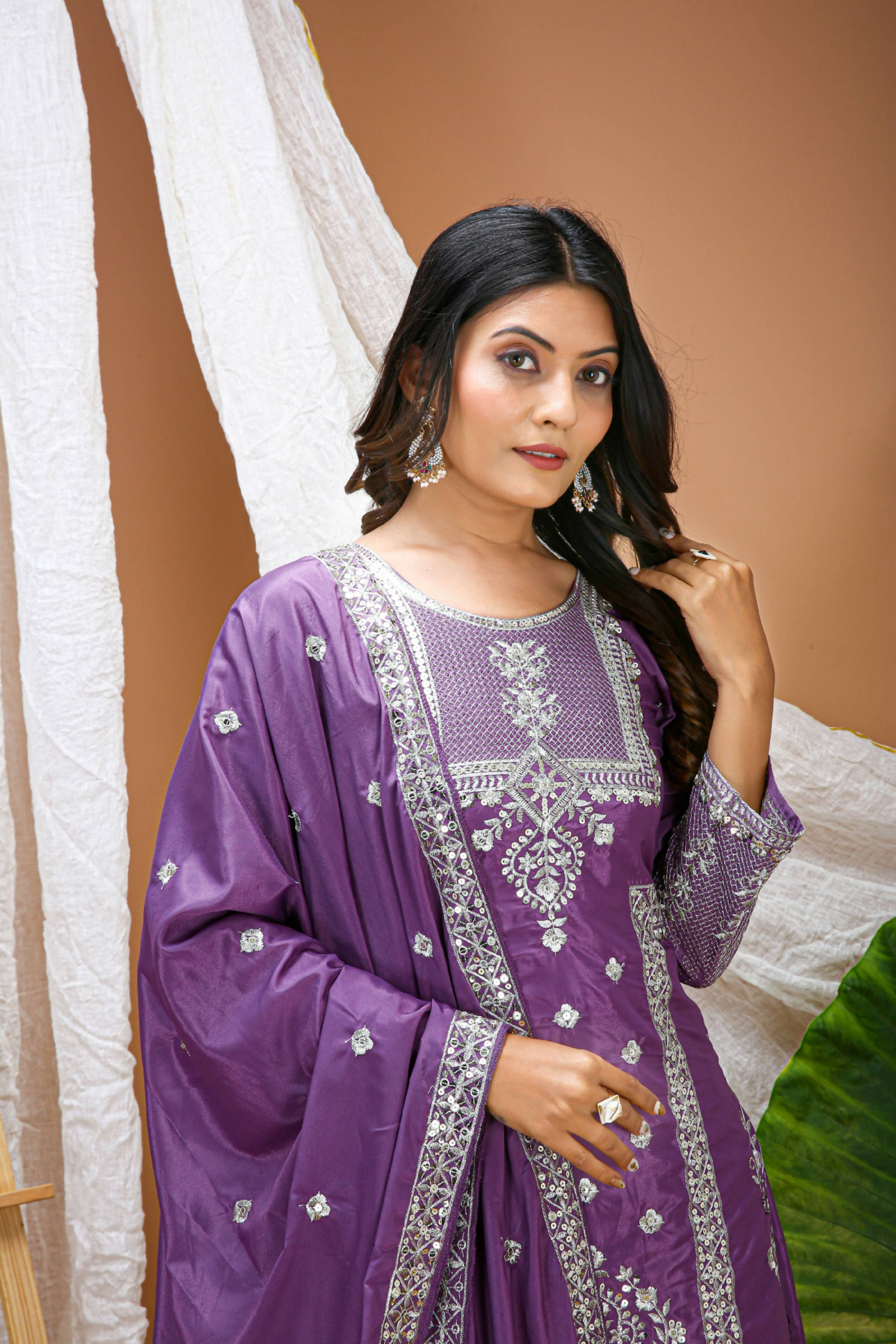 Lehenga Mart Designer Sharara Suit With Kurta, Sharara, Dupatta For Women-Lavender Violet