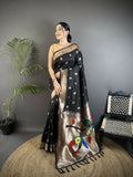 Joban Fashion Black Peacock & Floral Motifs Soft Silk Kanchipuram Saree