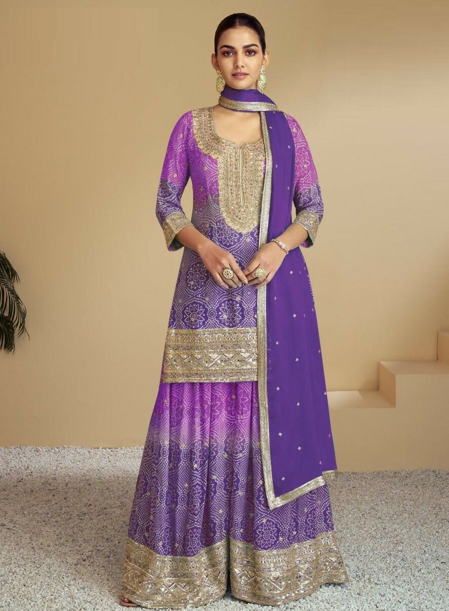 Anaita Lavender Digital print with Embroidered Silk Stitched Plazo Suit(Free Size)