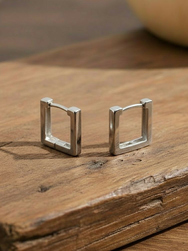 NVR Men's Silver Plated Geomatric Shaped Hoop Earrings