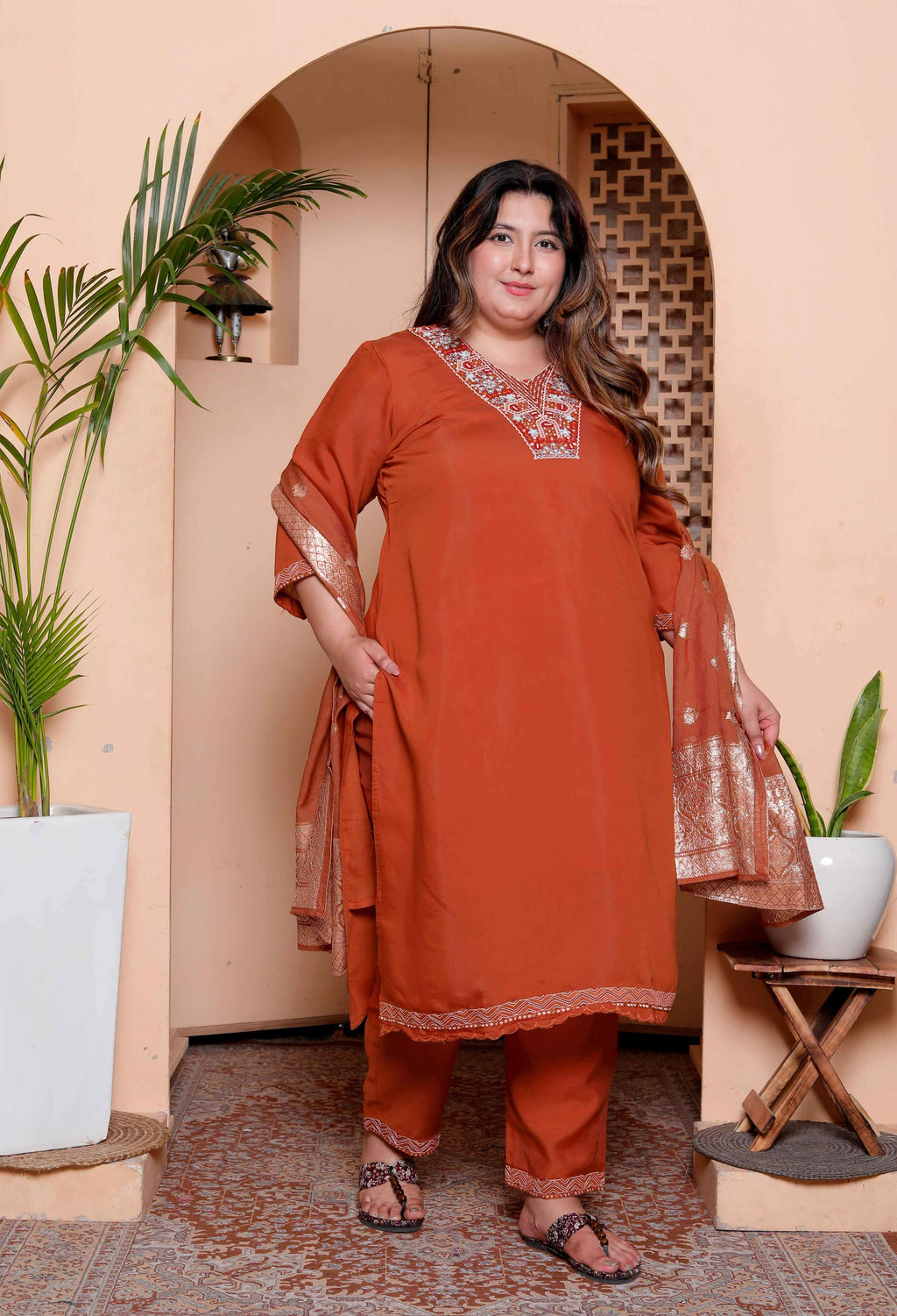 Miravan Women's Plus Size Orange Embroidered Straight Kurta with Palazzo and Dupatta set