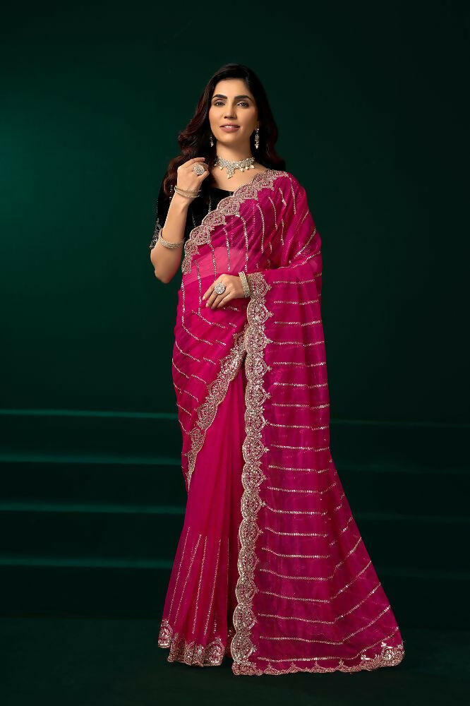 Joban Fashion Rani Pink Net Party Wear Sarees