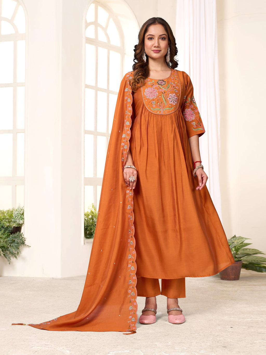 Pramukh Fab Rust Color Viscose Roman Silk Kurta Set
