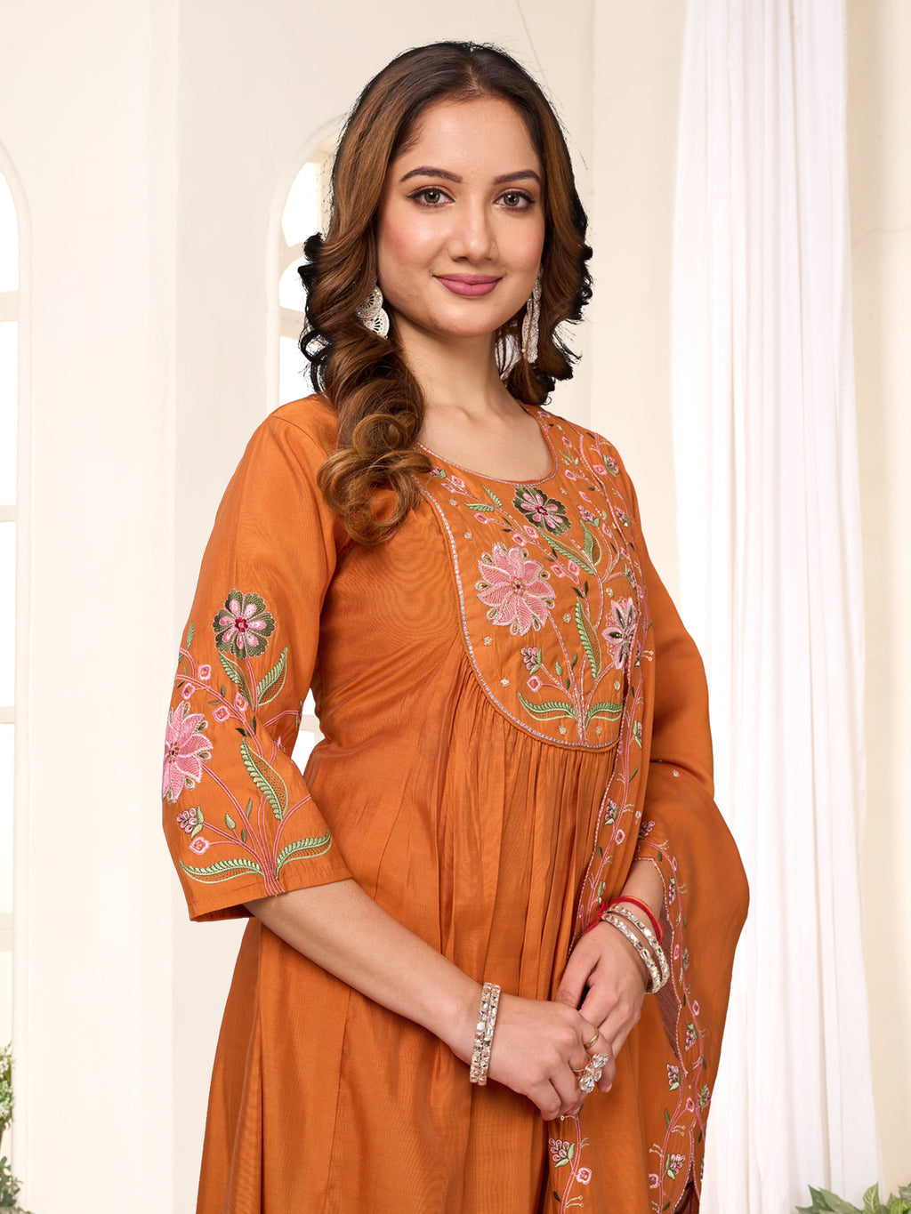 Pramukh Fab Rust Color Viscose Roman Silk Kurta Set