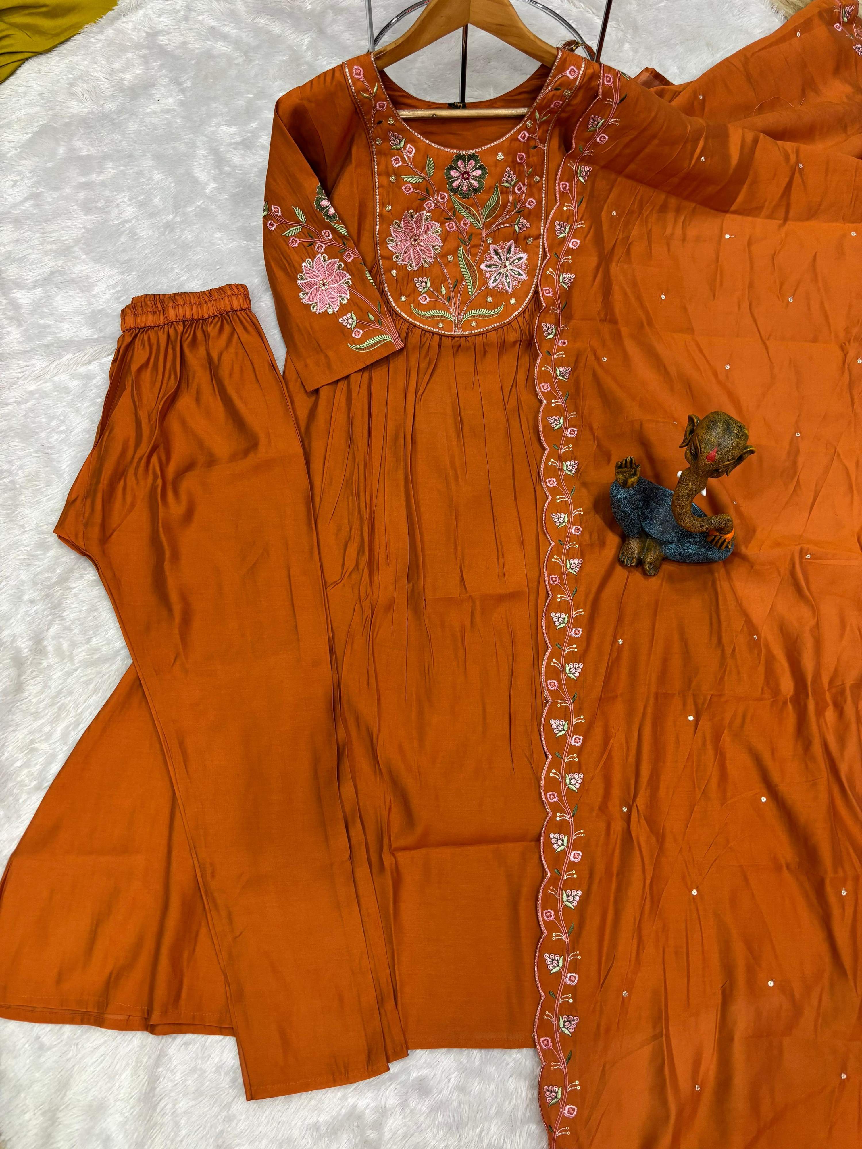 Pramukh Fab Rust Color Viscose Roman Silk Kurta Set